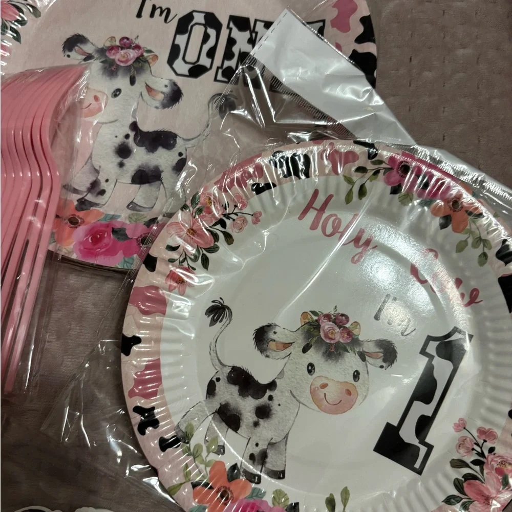 Cow Themed 1st Birthday Party Supplies Set - Pink and Black